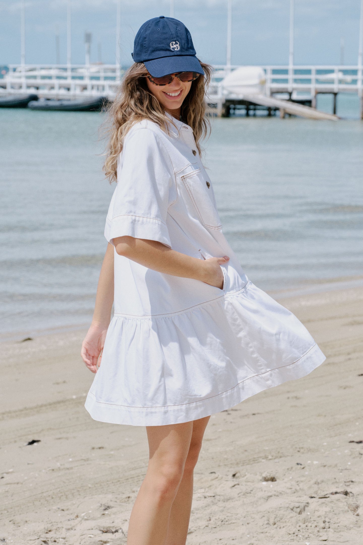 Short Sleeve Tiered Pocket Shirt Dress -fresh ecru