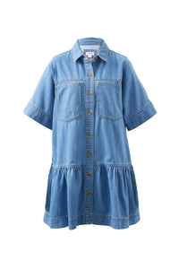 Short Sleeve Tiered Pocket Shirt Dress -vintage blue