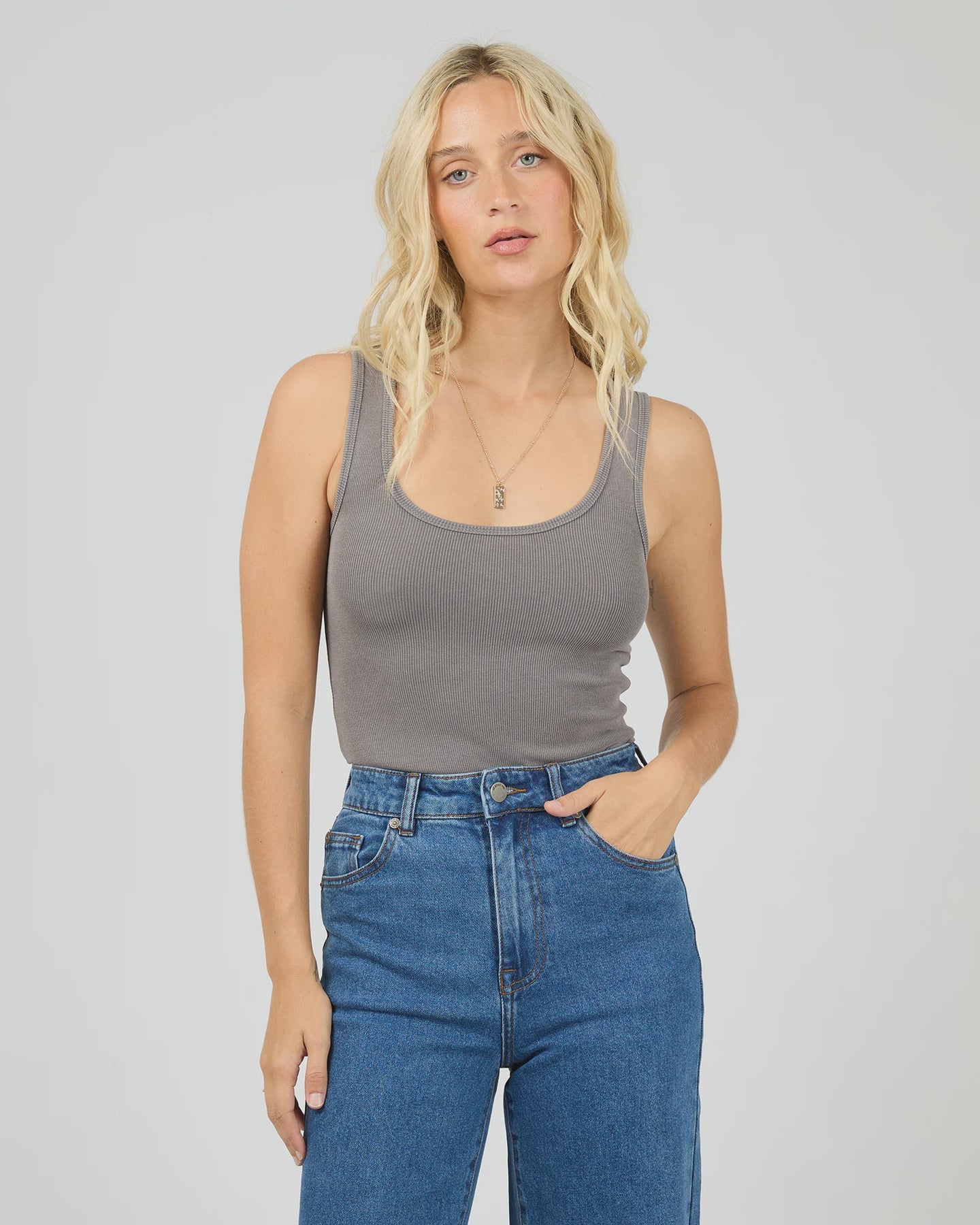 Washed Rib Scoop neck Tank - Char