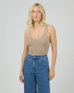 Washed Rib Lace Tank - Stone