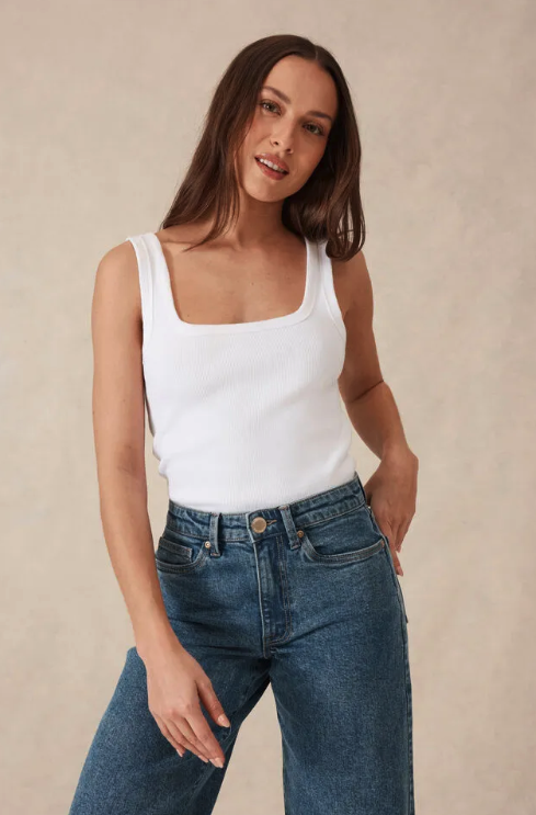 Zaeli Ribbed Square neck tank - White