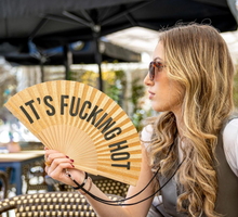 Load image into Gallery viewer, Hand Fan - Gold Glitter hand Fan 'Its fucking hot'
