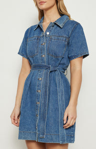 Dani - Button Up Denim Mini Dress with Stitched Detail Belt