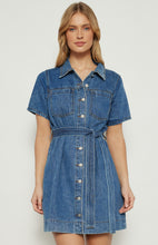 Load image into Gallery viewer, Dani - Button Up Denim Mini Dress with Stitched Detail Belt
