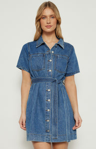 Dani - Button Up Denim Mini Dress with Stitched Detail Belt