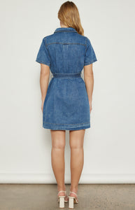 Dani - Button Up Denim Mini Dress with Stitched Detail Belt