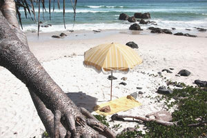 BUSINESS & PLEASURE PREMIUM BEACH UMBRELLA-VINTAGE YELLOW STRIPE - Bohemian Sundays, Business and Pleasure Co., Buy Boho Bohemian Clothing Online Australia, Kivari, Arnhem, Rowie, Will and Be